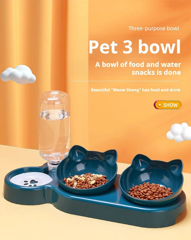 Pet Bowls With Water Feeder, 3 In 1 Ear Design Tilted Cat Water And Food Bowl Set With Gravity Water Bottle For Neck Protection - Daisan Mart