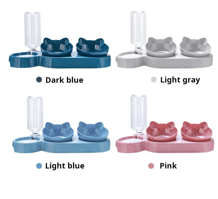 Pet Bowls With Water Feeder, 3 In 1 Ear Design Tilted Cat Water And Food Bowl Set With Gravity Water Bottle For Neck Protection - Daisan Mart
