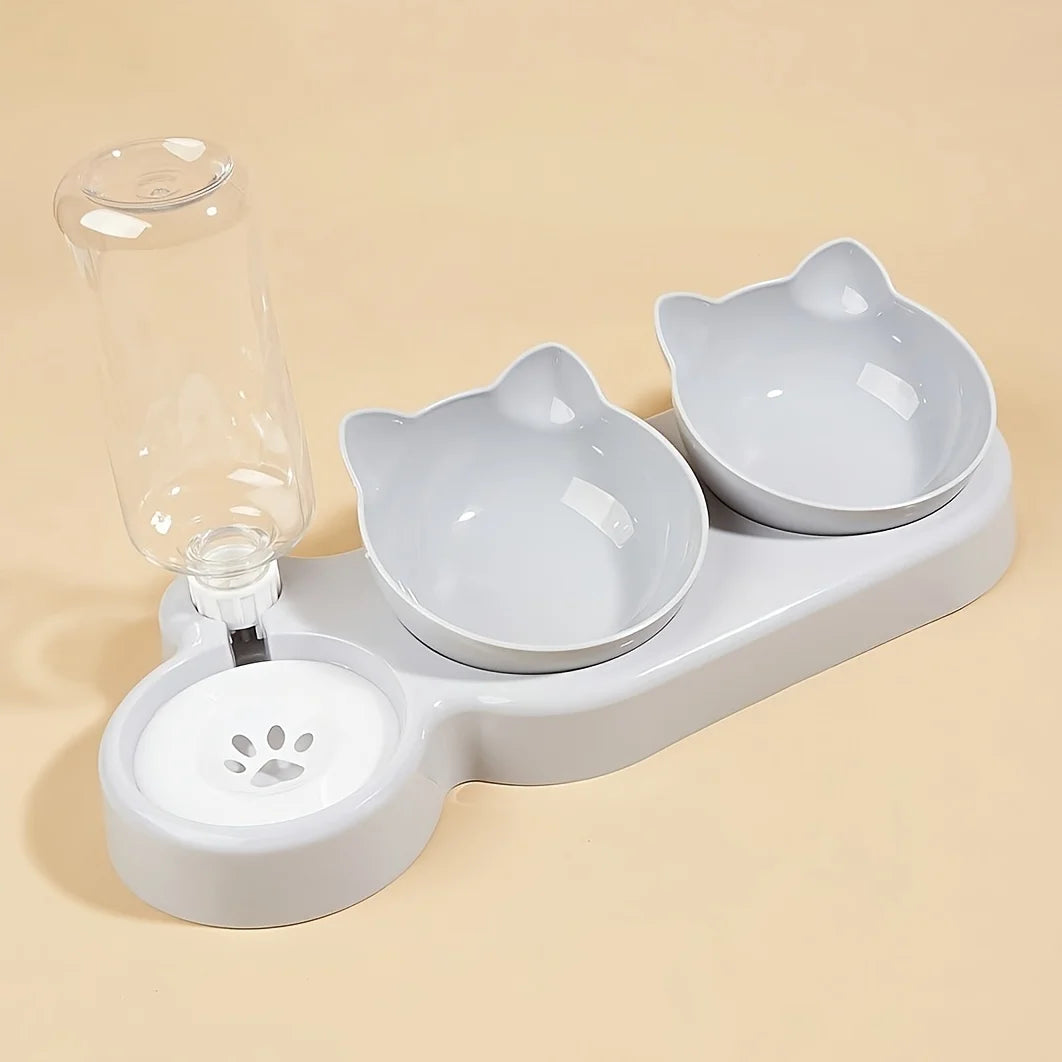 Pet Bowls With Water Feeder, 3 In 1 Ear Design Tilted Cat Water And Food Bowl Set With Gravity Water Bottle For Neck Protection - Daisan Mart