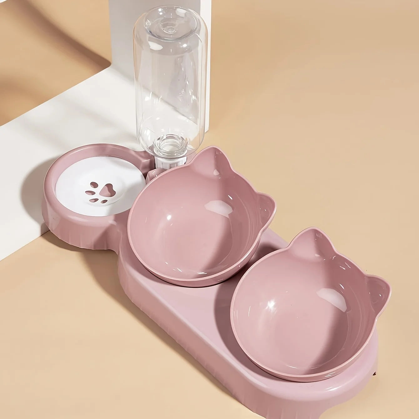 Pet Bowls With Water Feeder, 3 In 1 Ear Design Tilted Cat Water And Food Bowl Set With Gravity Water Bottle For Neck Protection - Daisan Mart