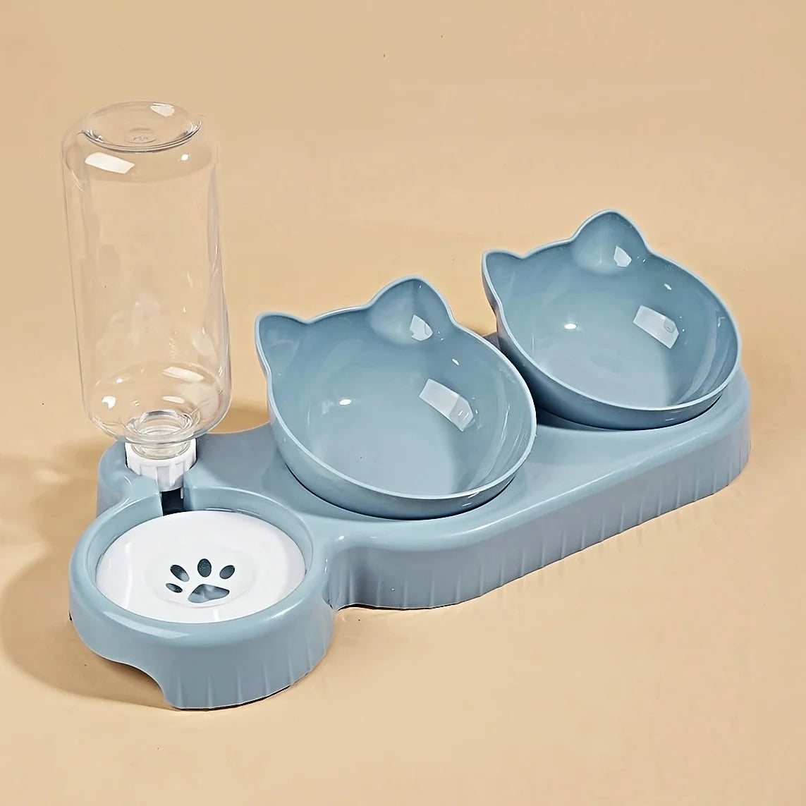 Pet Bowls With Water Feeder, 3 In 1 Ear Design Tilted Cat Water And Food Bowl Set With Gravity Water Bottle For Neck Protection - Daisan Mart