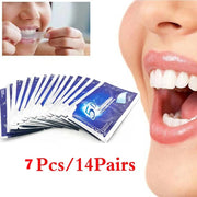 Gói miếng dán trắng răng màu xanh, hình ảnh sử dụng, cận cảnh răng trắng, chữ đỏ nổi bật.