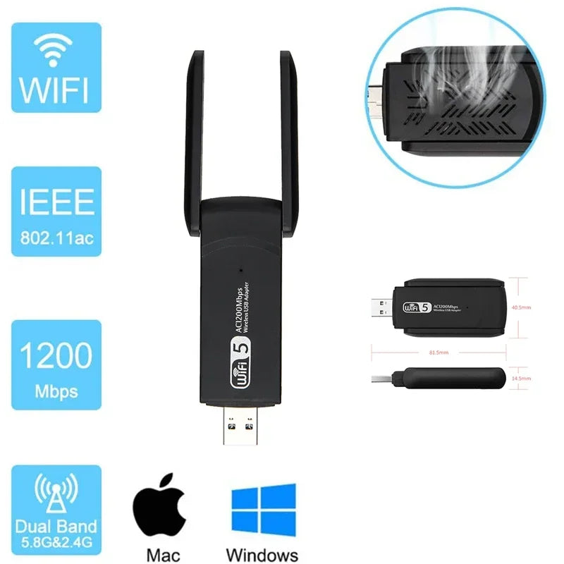 USB Wifi AC1200 Băng Tần Kép 1200Mbps Có Ăng Ten - Daisan Mart