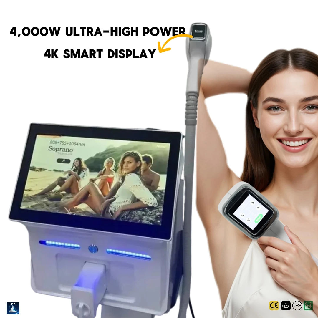 Máy hiển thị 4K với ảnh bãi biển, người phụ nữ cầm thiết bị, nền trắng.