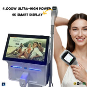 Máy hiển thị 4K với ảnh bãi biển, người phụ nữ cầm thiết bị, nền trắng.