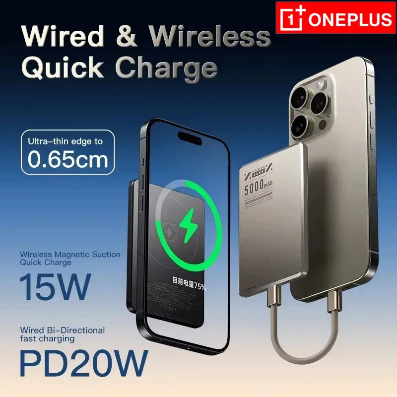 Điện thoại đang sạc không dây, pin 5000mAh, logo OnePlus, nền xanh đậm, chữ trắng.