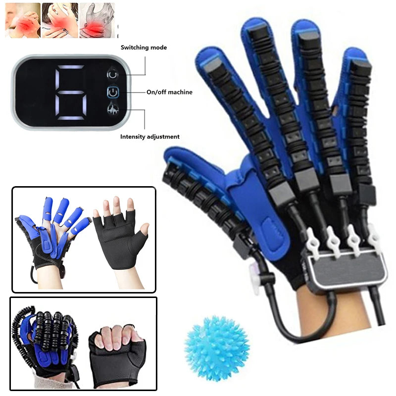 Găng tay phục hồi cơ màu xanh đen với nút điều chỉnh, màn hình số và bóng gai xanh.