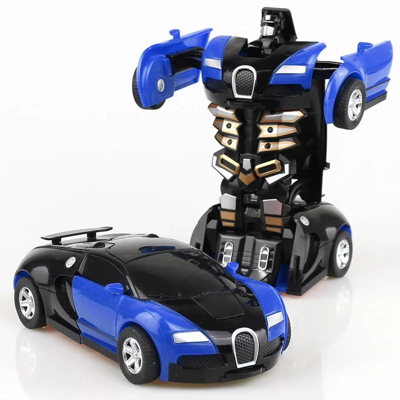 Ô tô đồ chơi màu xanh đen biến hình thành robot, với các chi tiết sáng bóng và mạnh mẽ.