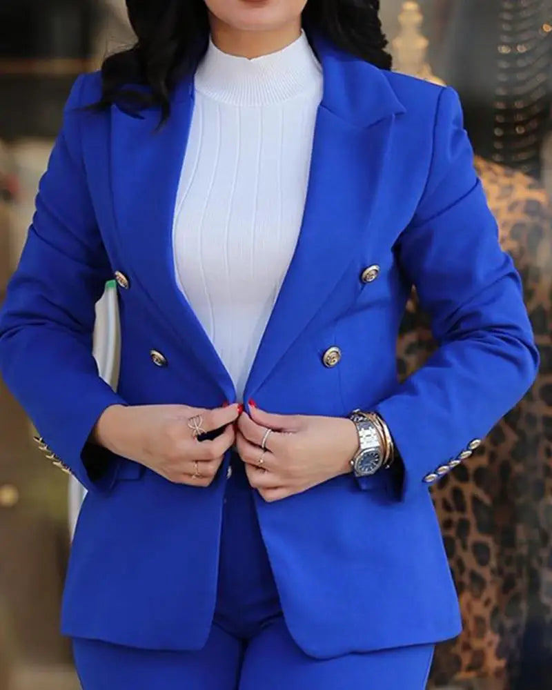 Office Lady Elegant Solid Two Piece Sets New Autumn Winter Women Fashion Lapel Long Sleeve Blazer & High Waist Work Pants Suit - Daisan Mart