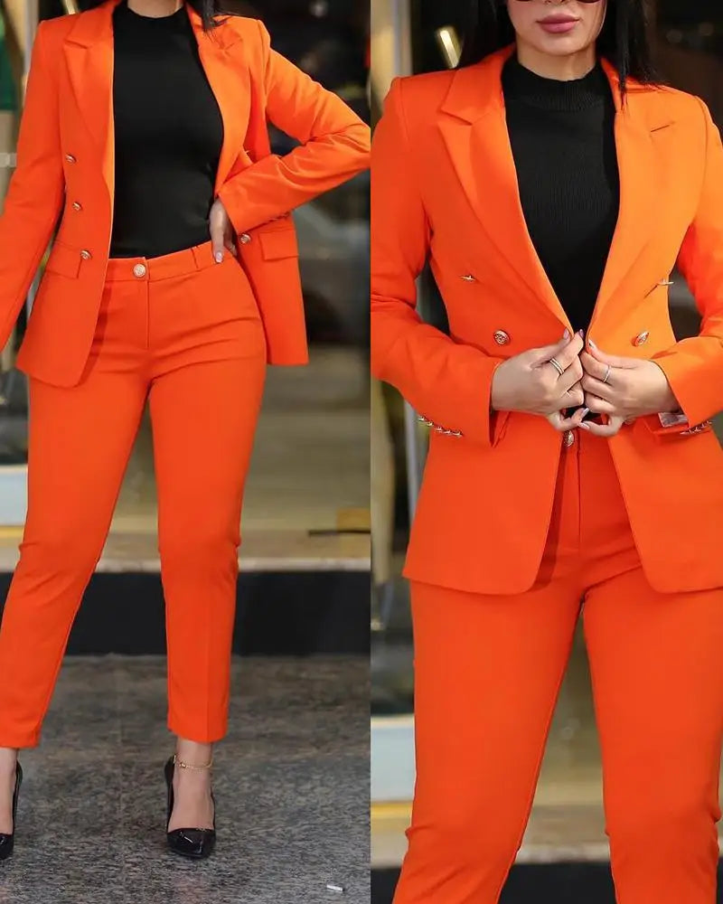 Office Lady Elegant Solid Two Piece Sets New Autumn Winter Women Fashion Lapel Long Sleeve Blazer & High Waist Work Pants Suit - Daisan Mart
