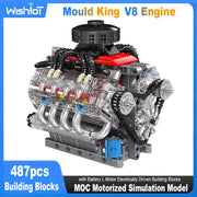 Mô hình động cơ V8 lắp ráp, màu bạc và đỏ, bánh răng và dây chuyền đen, 487 mảnh ghép.