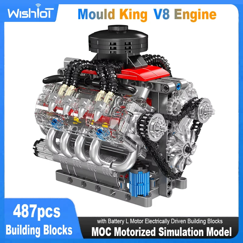 Mô hình động cơ V8 lắp ráp, màu bạc và đỏ, bánh răng và dây chuyền đen, 487 mảnh ghép.