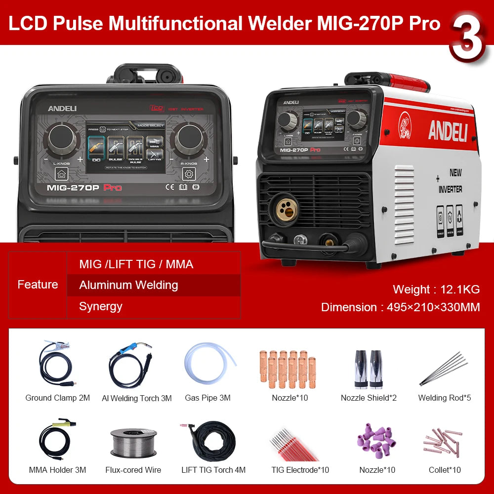 ANDELI weld machine MIG-270P PRO LCD Screen Double Pulse MIG Lift TIG MMA Spool Aluminum Welding DC Semi-automatic MIG Welder - Daisan Mart
