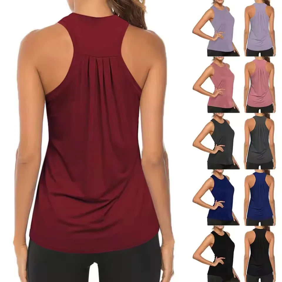 Áo tank top màu đỏ đậm, thiết kế lưng đua, xếp ly phía sau; bên phải có 7 màu khác.