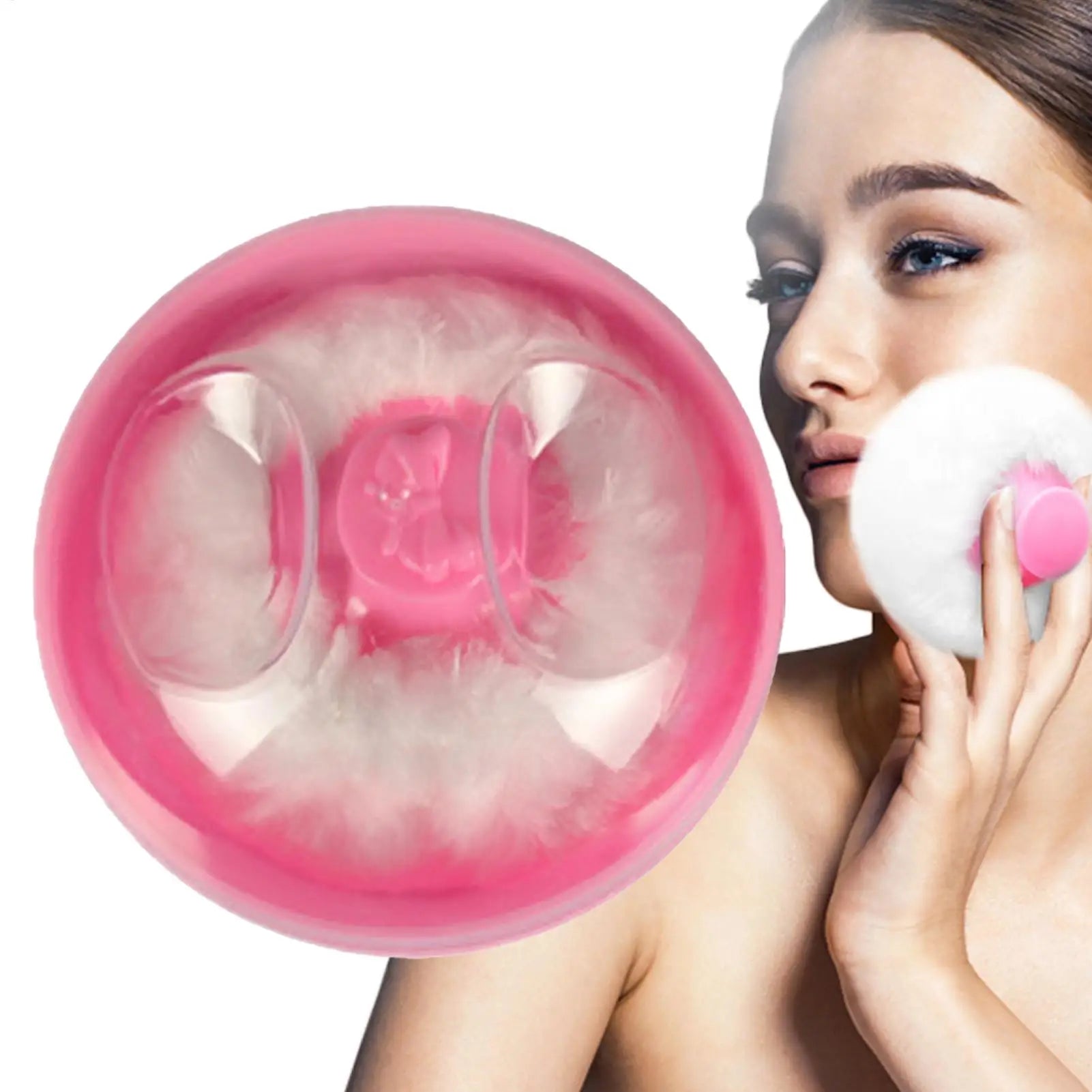 Người phụ nữ dùng bông trang điểm màu trắng và hồng để chăm sóc da mặt.
