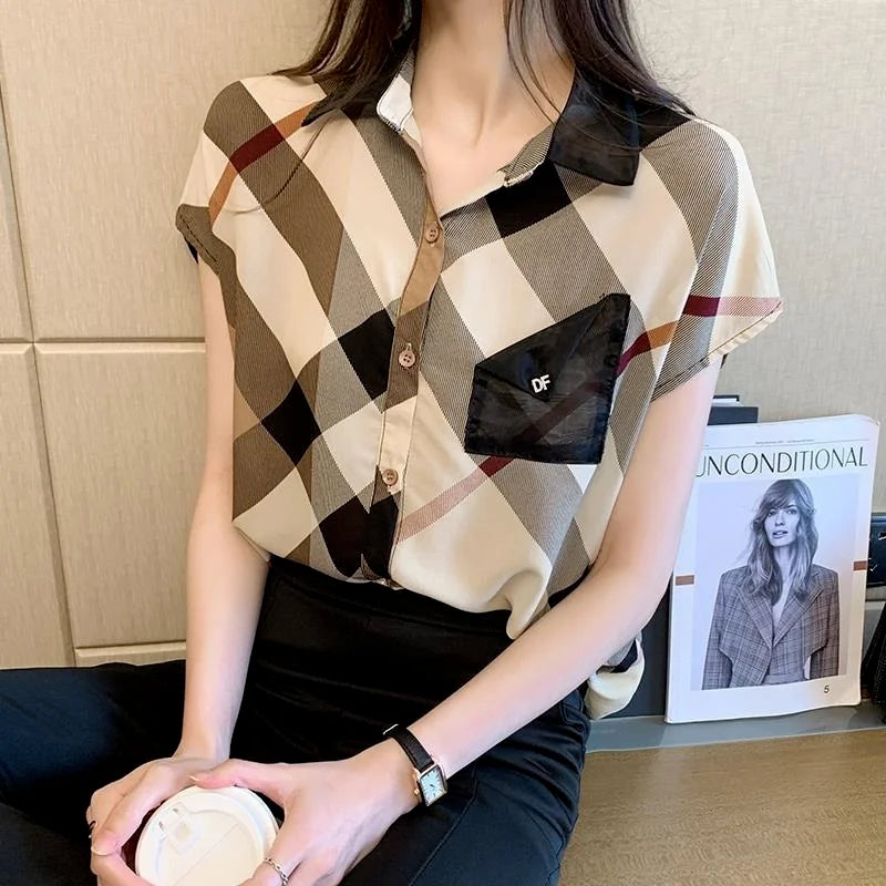 Office Wear Short Sleeve Chiffon Casual Pretty and Cheap Women's Blouses Korean Plaid Youth Woman Buttoned Shirts Trends Top Hot - Daisan Mart