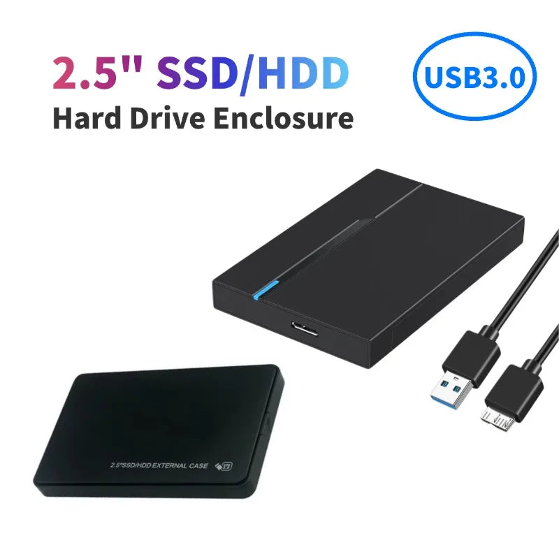 Vỏ ổ cứng 2.5" màu đen, cổng USB 3.0 với hai dây cáp, chữ nhiều màu phía trên.