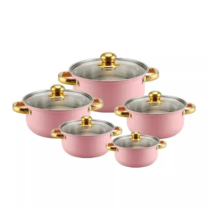 Classic Pink Stainless Steel 10-Piece Non-Stick Pot and Pan Set