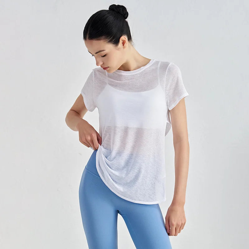 Áo Tập Gym Nữ Nylon Thoáng Mát Lưng Rỗng Ngắn Tay - Daisan Mart