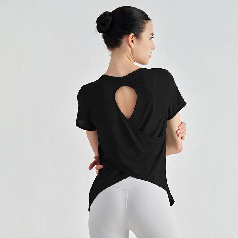 Áo Tập Gym Nữ Nylon Thoáng Mát Lưng Rỗng Ngắn Tay - Daisan Mart