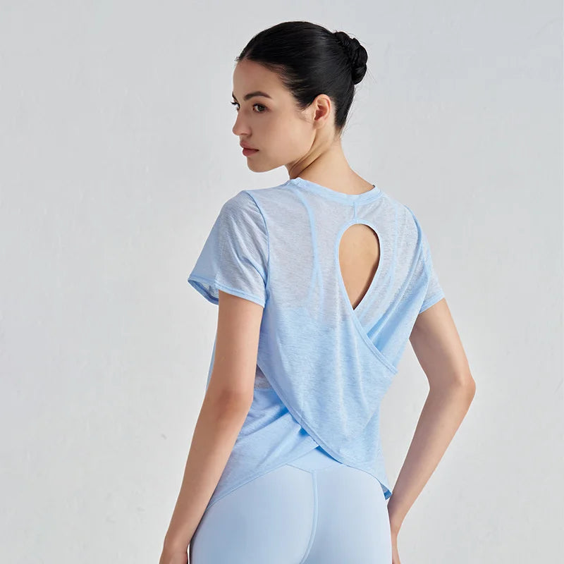 Áo Tập Gym Nữ Nylon Thoáng Mát Lưng Rỗng Ngắn Tay - Daisan Mart