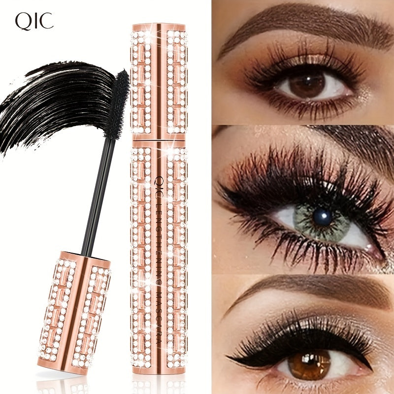 Mascara vàng hồng trang trí đá, kèm ảnh mắt trang điểm lông mi dày và cong.