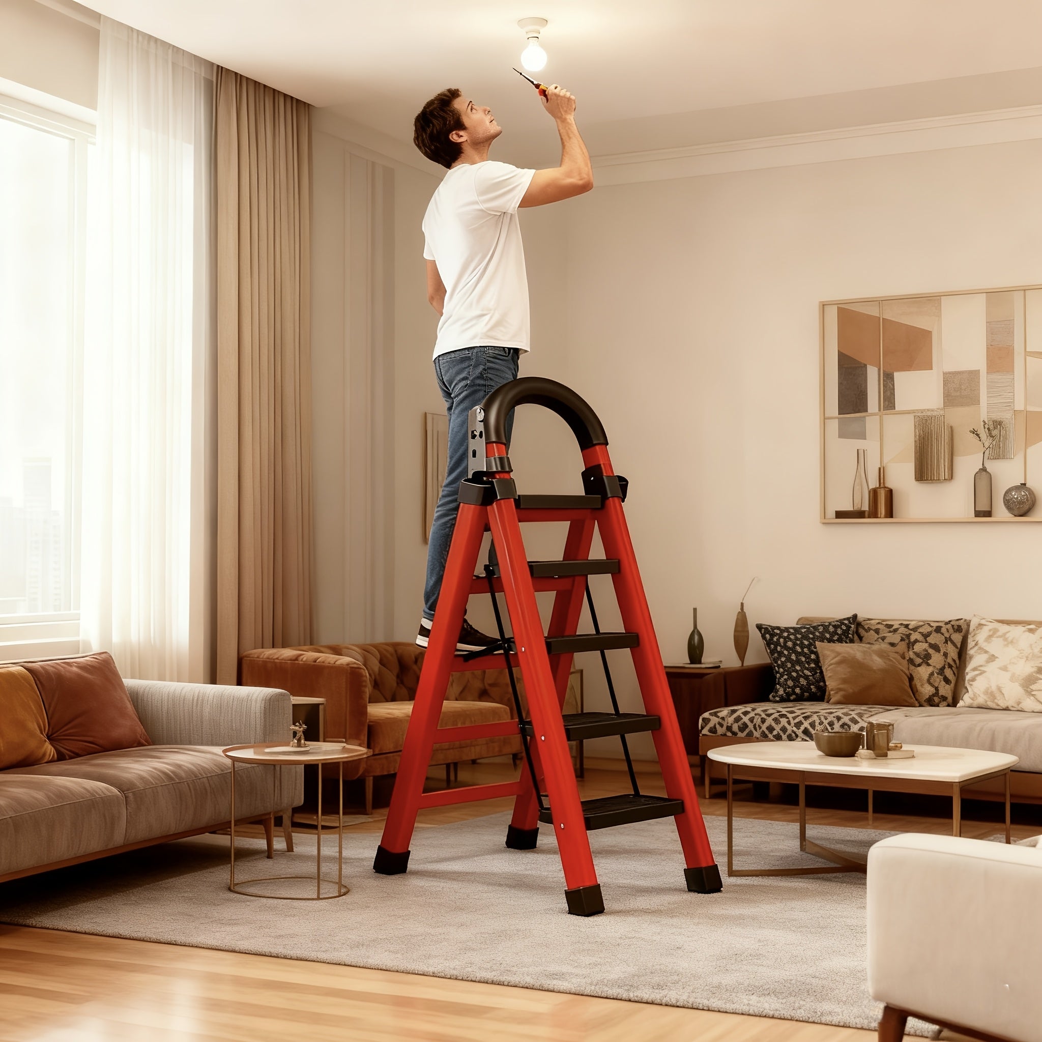 3/4/5-Step Portable Folding Ladder, 500/520/530 Lbs Durable Step Ladder with Wide Anti-Slip Pedal,, Lightweight Steel Step Stool Suitable for Both Household And Industrial Use - Daisan Mart
