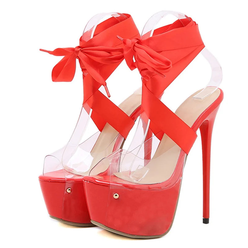 Sandal Cao Gót Đỏ Trong Suốt Buộc Dây Quyến Rũ - Daisan Mart