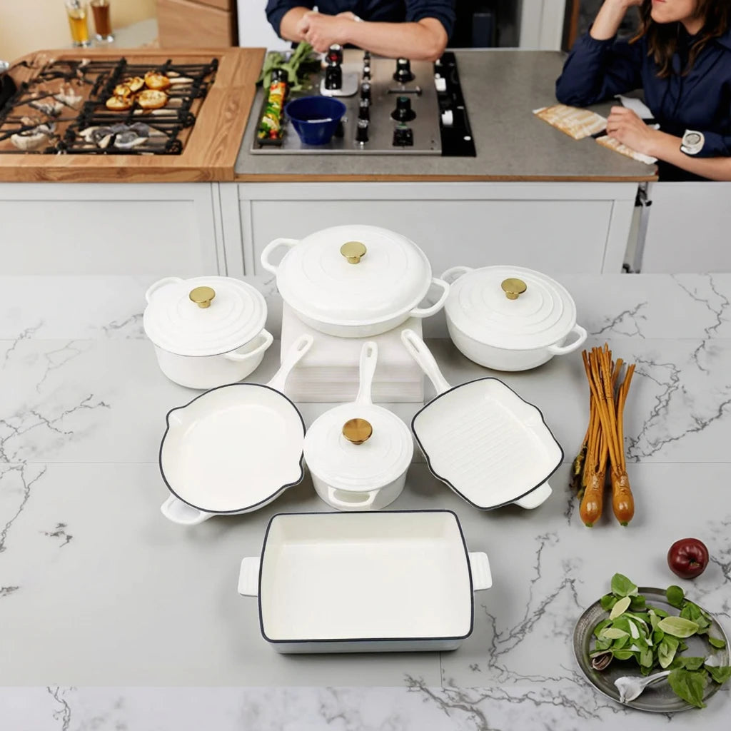 7-Piece Red Enamel Cast Iron Cookware Set with Minimalist Design