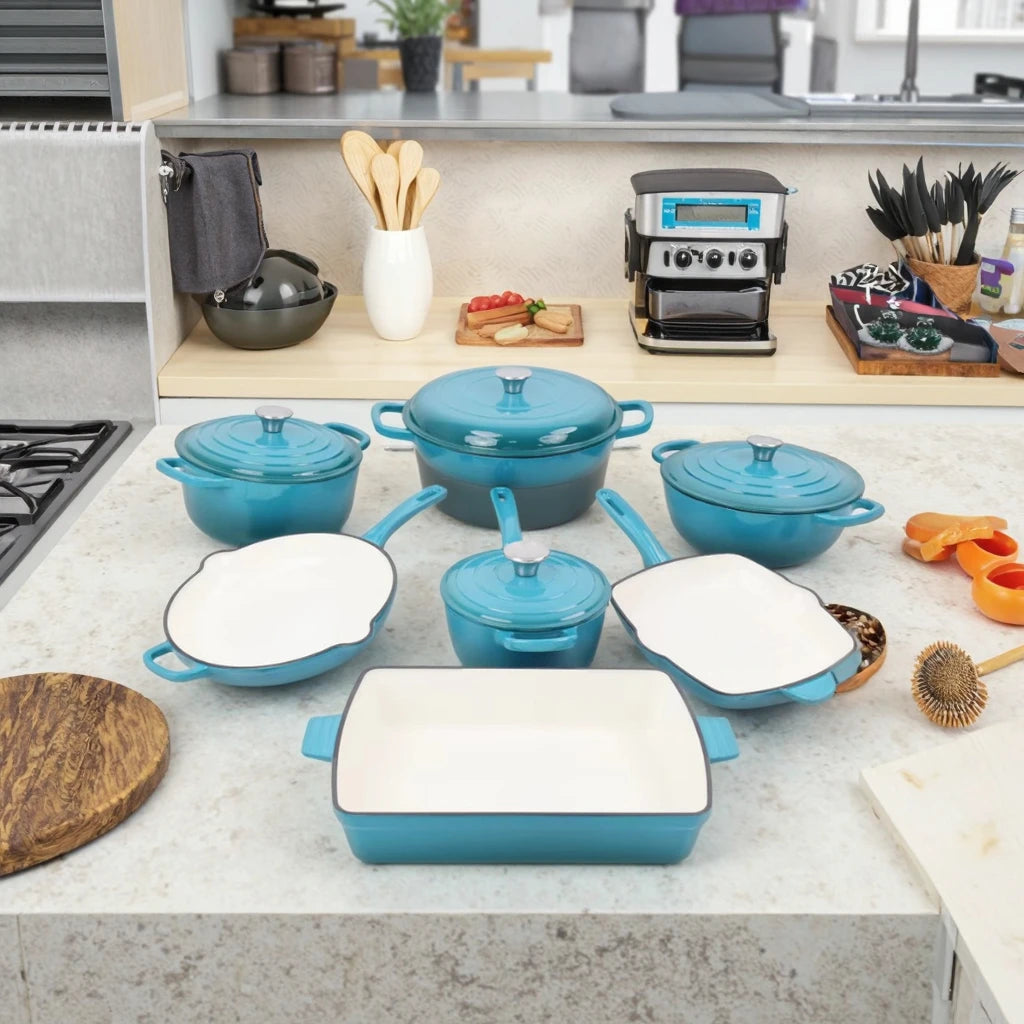 7-Piece Red Enamel Cast Iron Cookware Set with Minimalist Design