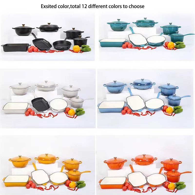 7-Piece Red Enamel Cast Iron Cookware Set with Minimalist Design