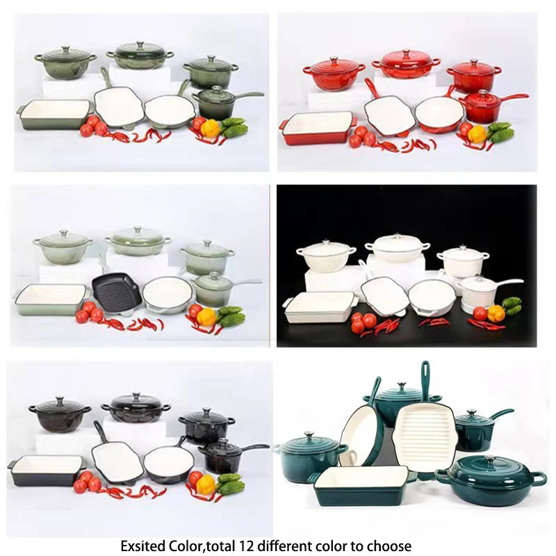 7-Piece Red Enamel Cast Iron Cookware Set with Minimalist Design