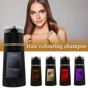 Người mẫu tóc nâu, chai dầu gội đen, chữ "Hair colouring shampoo", năm chai với màu khác nhau.