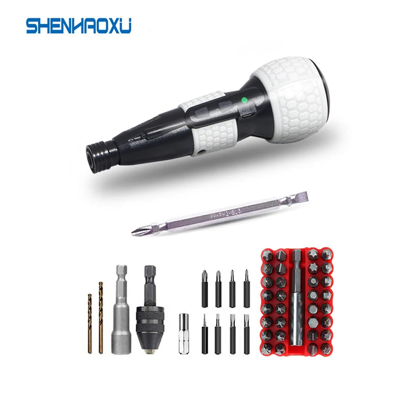 Bộ dụng cụ vặn vít đen trắng với nhiều đầu vặn và phụ kiện trên nền trắng.