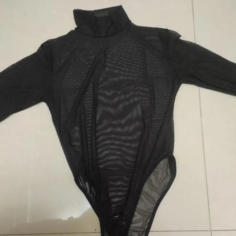 性感黑色網紗連身衣 XXL 長袖開襠