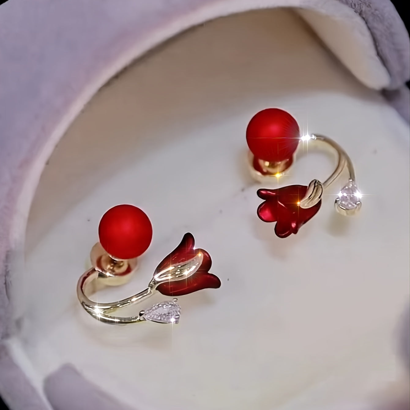 Red Flower Faux Pearl Earrings New Year Earrings For Women Party Favors - Daisan Mart