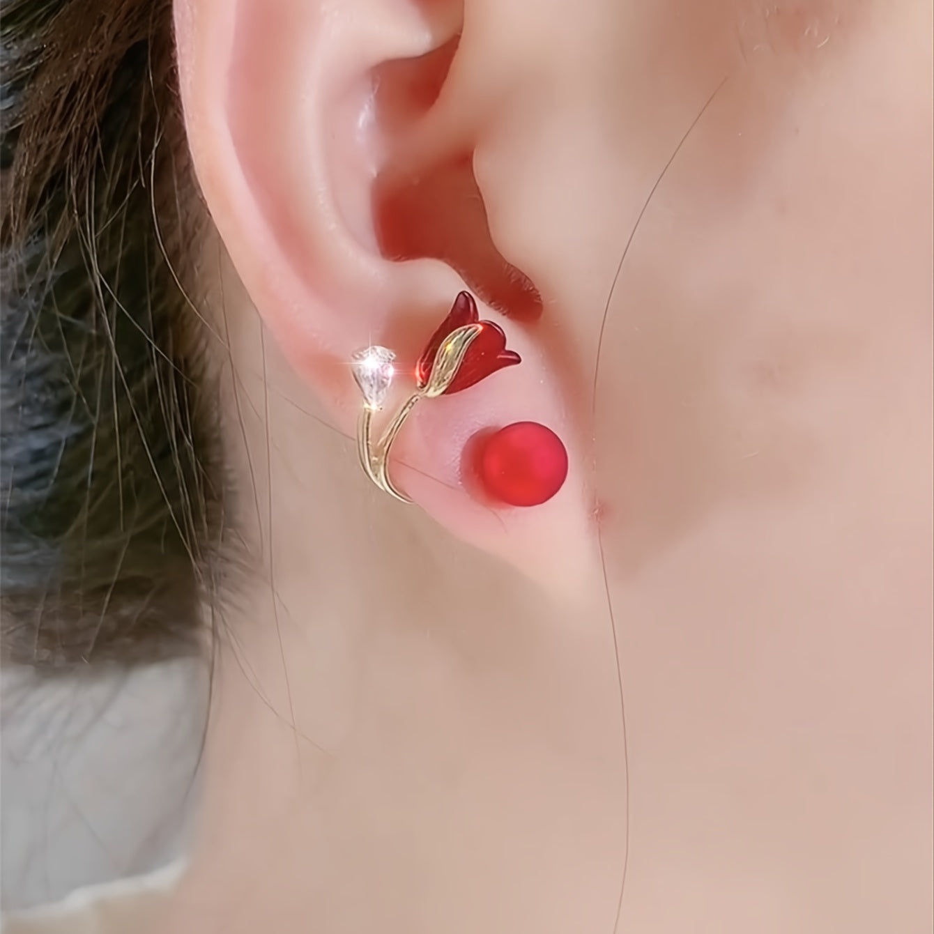 Red Flower Faux Pearl Earrings New Year Earrings For Women Party Favors - Daisan Mart