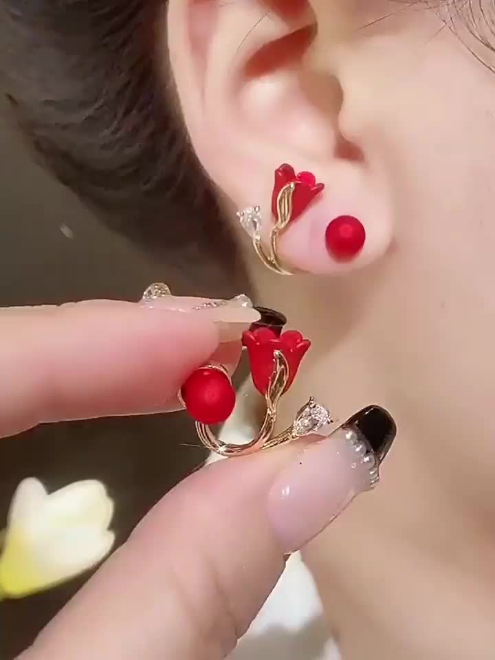 Red Flower Faux Pearl Earrings New Year Earrings For Women Party Favors - Daisan Mart