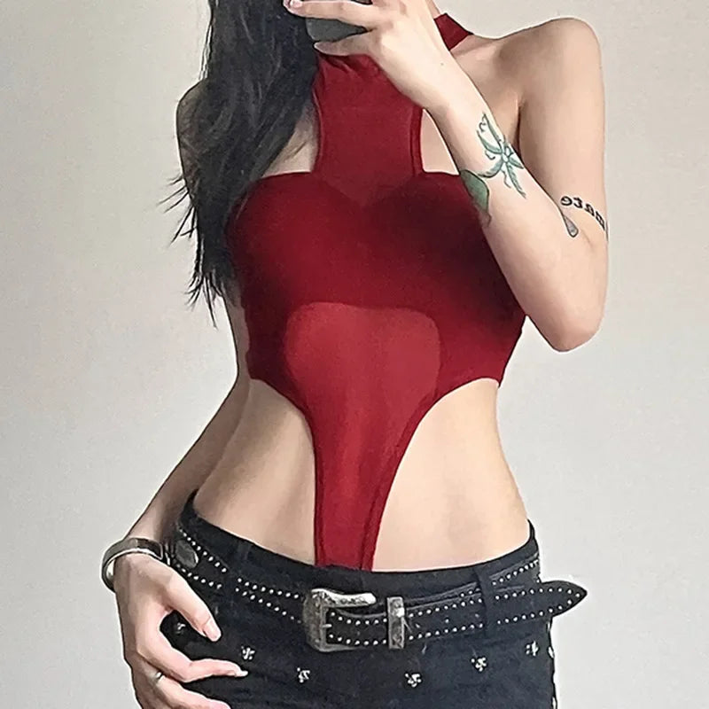 Bodysuit Đỏ Sexy Lưới Trong Suốt - Y2K Nữ Tính - Daisan Mart