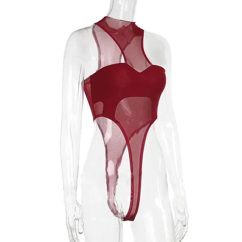 Bodysuit Đỏ Sexy Lưới Trong Suốt - Y2K Nữ Tính - Daisan Mart