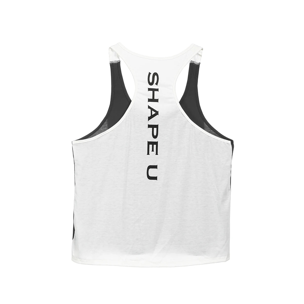 Áo ba lỗ trắng với chữ "SHAPE U" màu đen chạy dọc ở giữa lưng, viền hai bên màu đen.