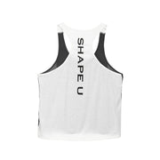 Áo ba lỗ trắng với chữ "SHAPE U" màu đen chạy dọc ở giữa lưng, viền hai bên màu đen.