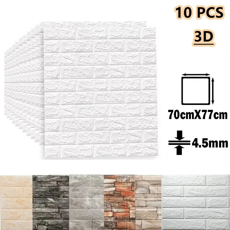 10 tấm ốp tường 3D trắng, kích thước 70x77 cm, độ dày 4.5 mm, dưới có mẫu màu khác nhau.