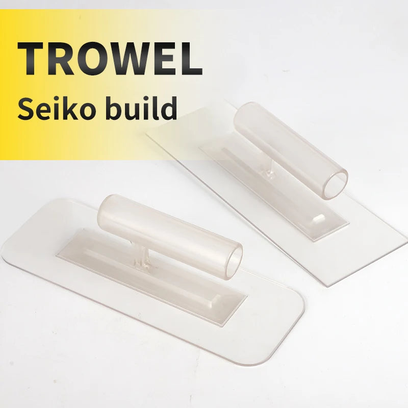 Hai bay trát nhựa trong suốt, nền trắng, chữ "TROWEL Seiko build" màu đen trên nền vàng.