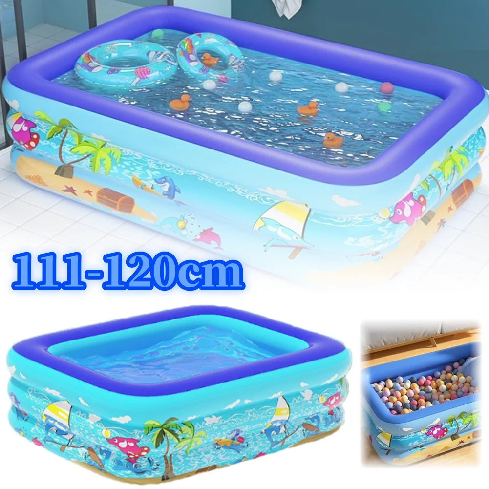 Bể bơi phao xanh, họa tiết biển, có vòng bơi và vịt cao su, kích thước 111-120cm.