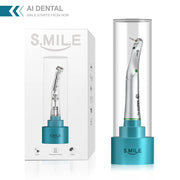 Hộp dụng cụ nha khoa màu trắng và xanh lam, có chữ "S.MILE" và thiết bị bên trong hộp tròn.