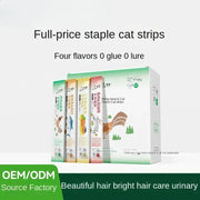 Hộp que thức ăn mèo, bốn vị khác nhau, màu xanh, vàng, cam, đỏ, nền trắng.