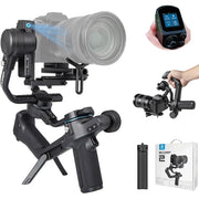 Gimbal đen với máy ảnh, màn hình điều khiển cầm tay, và hộp đóng gói sản phẩm.