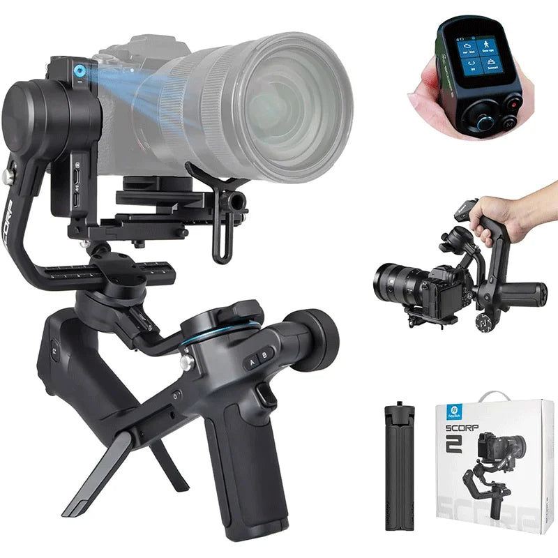 Gimbal đen với máy ảnh, màn hình điều khiển cầm tay, và hộp đóng gói sản phẩm.