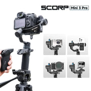 Gimbal Scorp Mini 3 Pro đen, giữ máy ảnh, nhỏ gọn, với các chế độ điều khiển khác nhau.